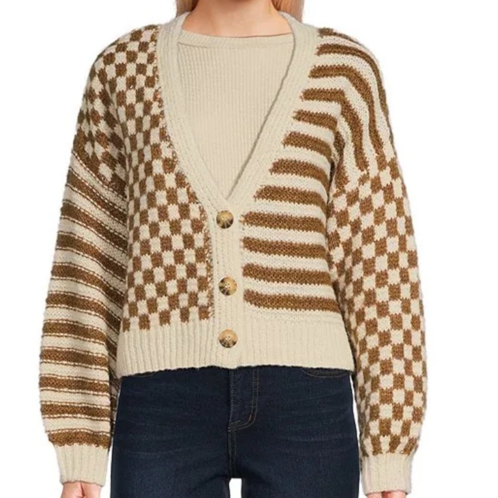 New Blu Pepper Brown and Cream Patterned Cardigan size S